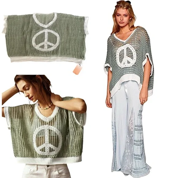 Open Crochet Oversized Peace Sign Shirt Women's Green Knit Top New w/ Tags Sz L - Picture 2 of 16